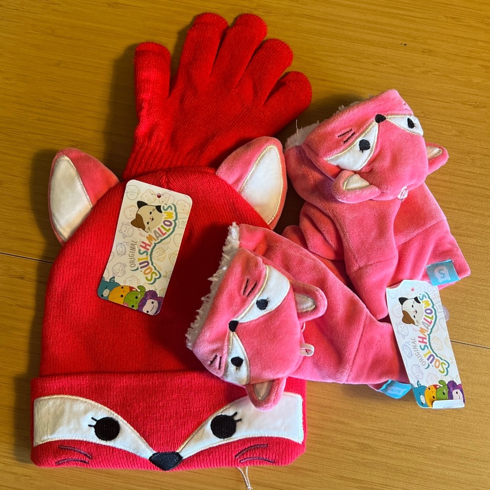 NWT Squishmallows Pink Fox plush beanie, hat, glove, and mittens set small